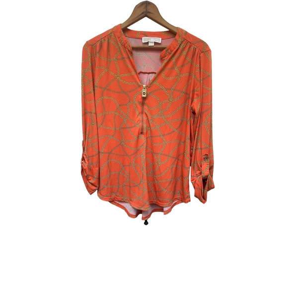 Michael Kors Orange Gold Chain Print V-Neck Blouse Top Size L - Picture 1 of 6